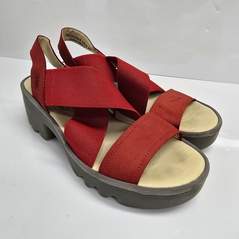 Fly London TAJI502FLY Platform Sandals Womens 38 Red Elastic Strap Chunky
